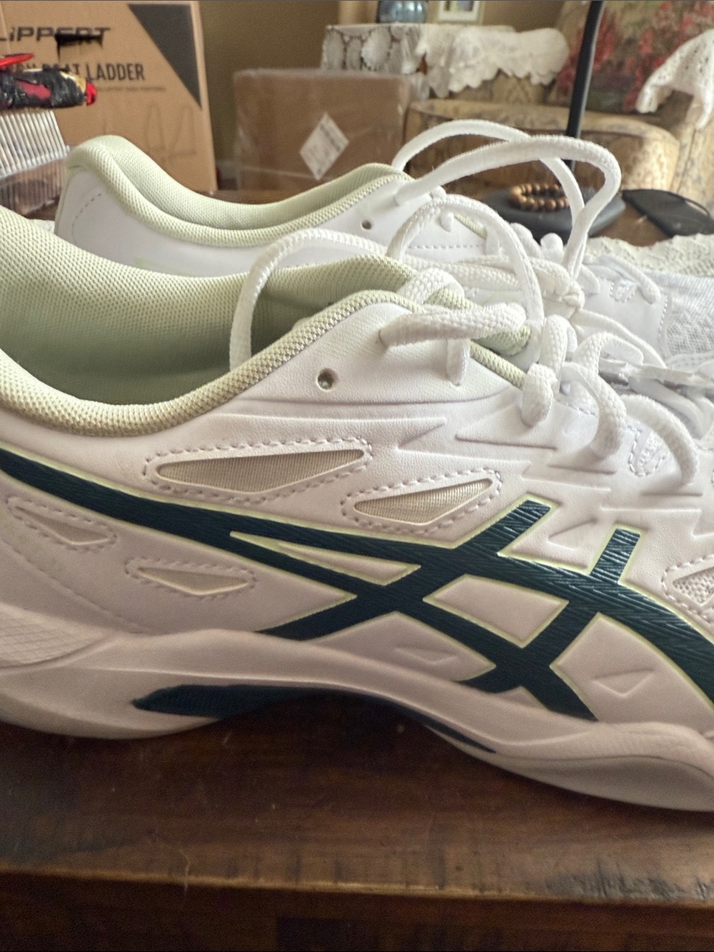 ASICS White Sneakers with Dark Teal Logo and Light Cream Lining